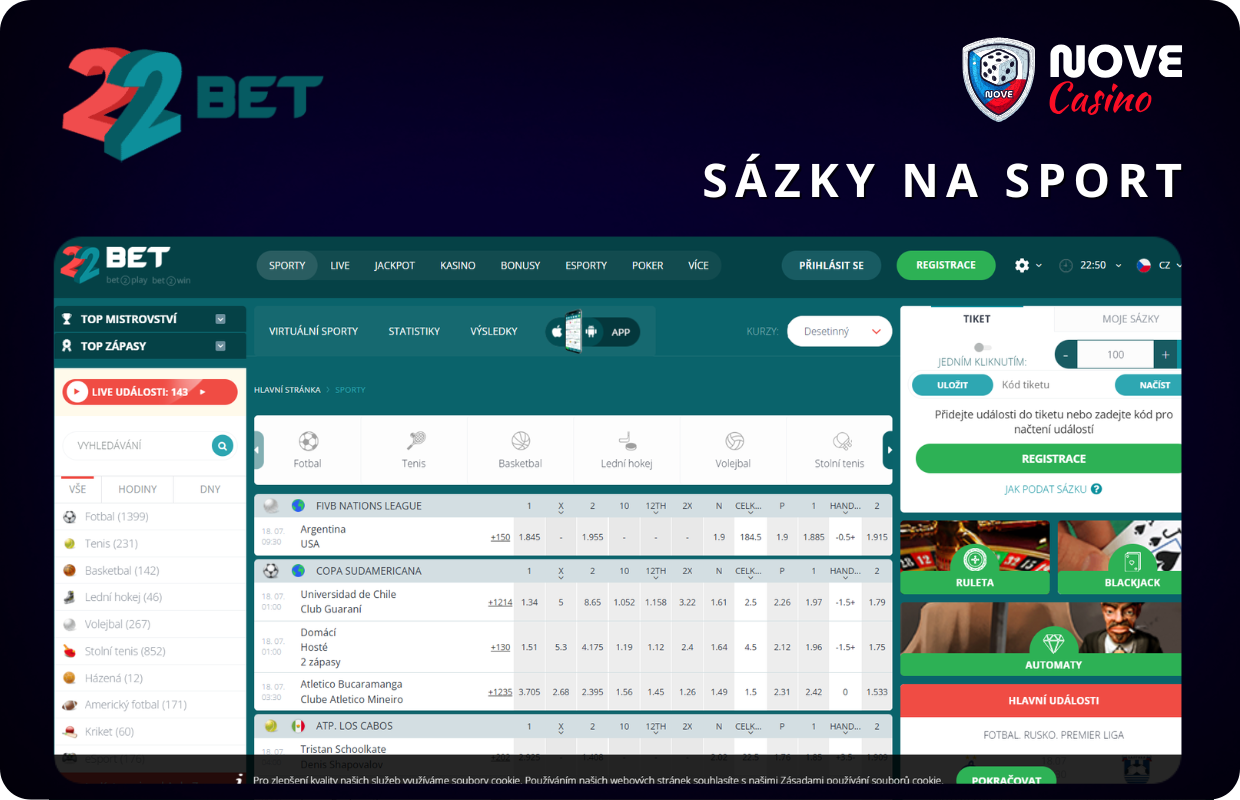 Sázky na sport v 22Bet kasino